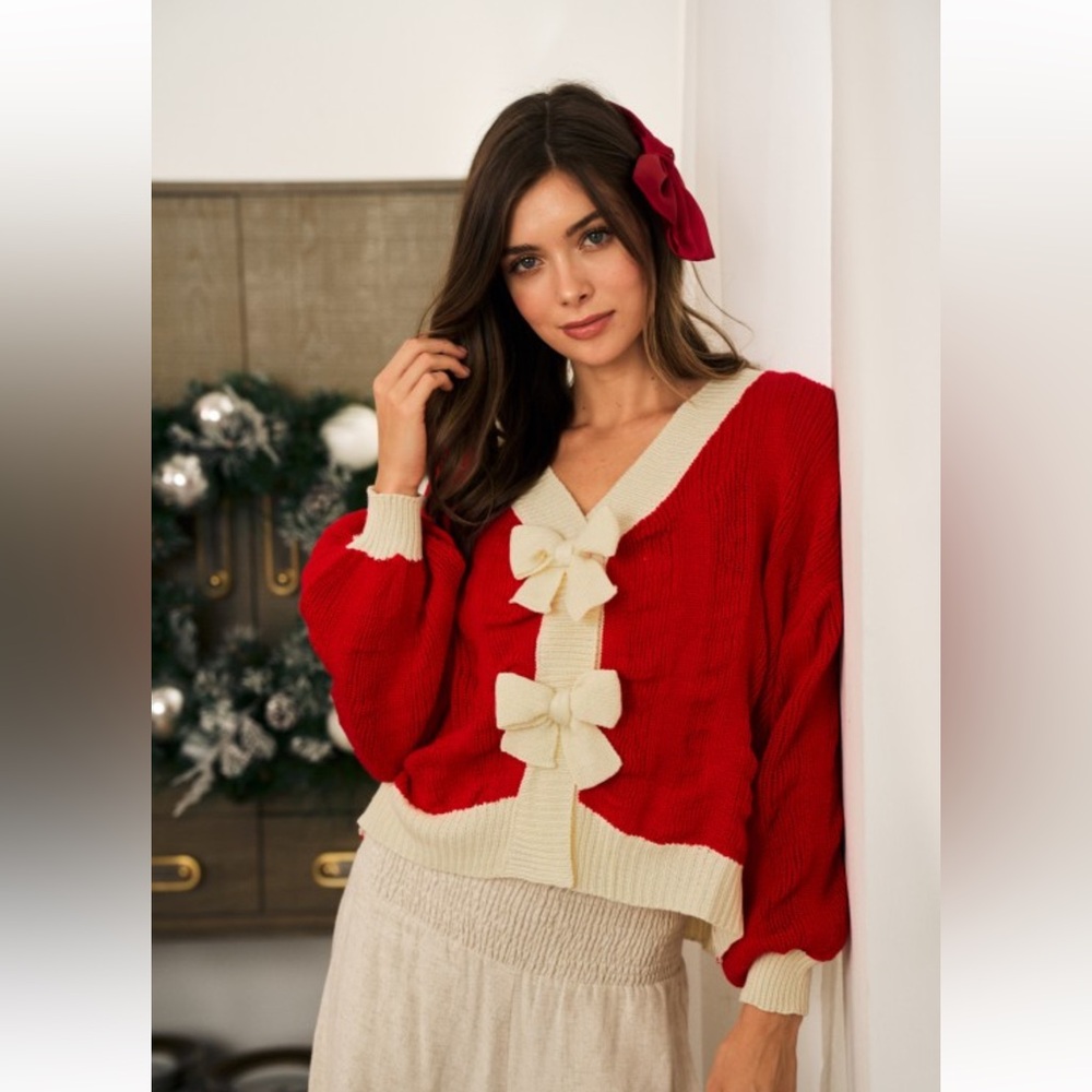 400. Knit bow cardigan red